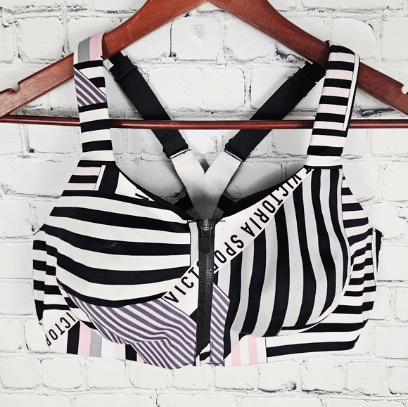 Victoria's Secret Other - Victoria's Secret Black, White & Pink Striped Front-Zip Sports Bra